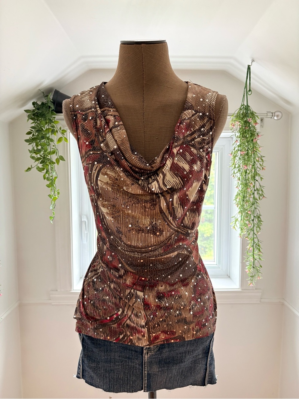 Draped Sleeveless Printed Cowl Neck Top in Brown Mix
